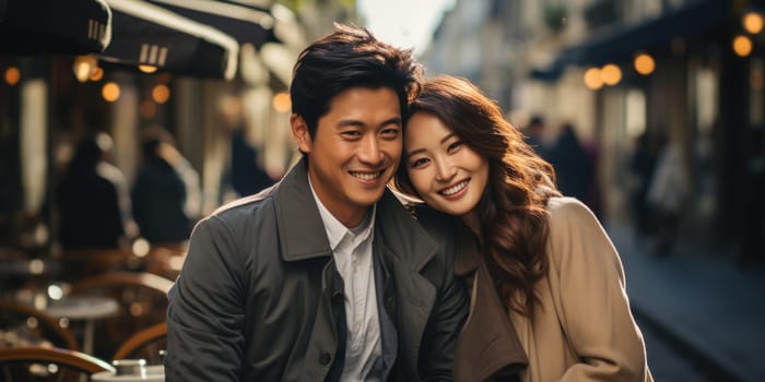 Asian cheerful happy couple in love visiting Paris city centre and Eiffel Tower. Asian tourists travelling in Europe and dating outdoors. AI Generated