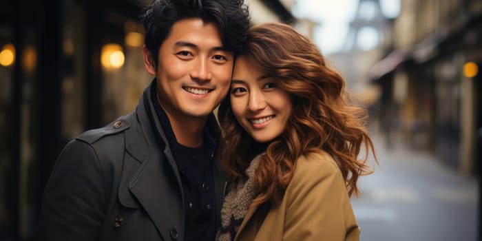 Asian cheerful happy couple in love visiting Paris city centre and Eiffel Tower. Asian tourists travelling in Europe and dating outdoors. AI Generated