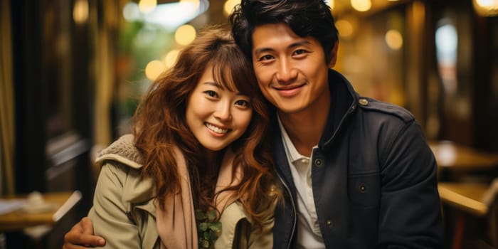 Asian cheerful happy couple in love visiting Paris city centre and Eiffel Tower. Asian tourists travelling in Europe and dating outdoors. AI Generated