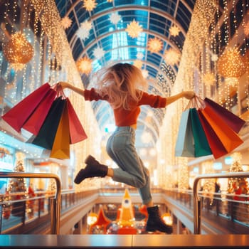 woman walking with shopping bags with christmas background.