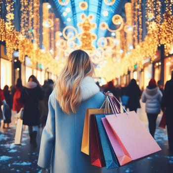 woman walking with shopping bags with christmas background.