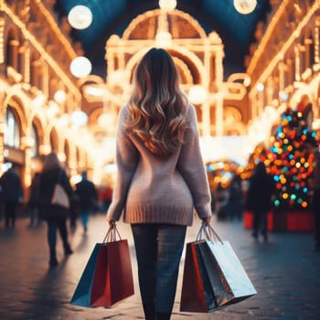 woman walking with shopping bags with christmas background.