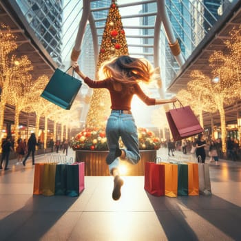 woman walking with shopping bags with christmas background.