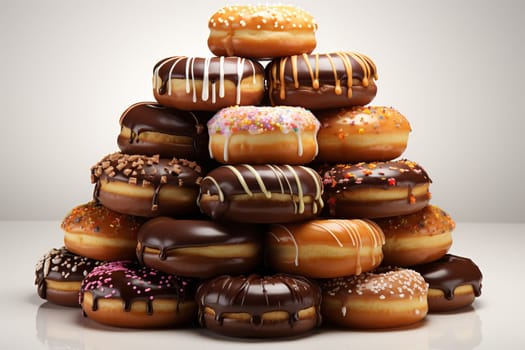 A stack of donuts with glaze and confectionery sprinkles on a white background.