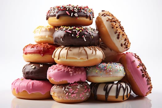 Donuts with glaze and confectionery sprinkles are stacked on a white background.
