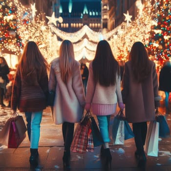 woman walking with shopping bags with christmas background.