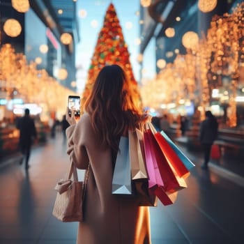 woman walking with shopping bags with christmas background.