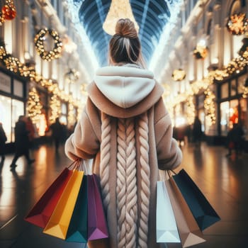 woman walking with shopping bags with christmas background.