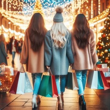 woman walking with shopping bags with christmas background.