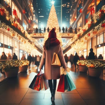 woman walking with shopping bags with christmas background.