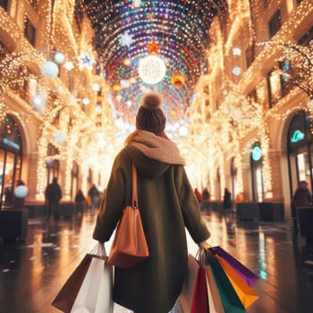 woman walking with shopping bags with christmas background.