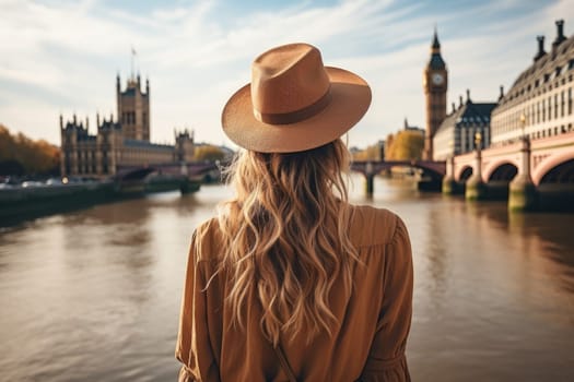 Woman walking on street in London, rear view. AI Generated