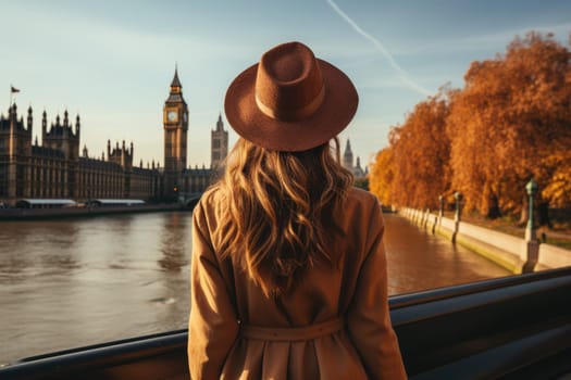 Woman walking on street in London, rear view. AI Generated