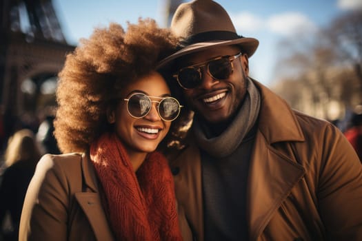 African americancheerful happy couple in love visiting Paris city centre and Eiffel Tower. tourists travelling in Europe and dating outdoors. AI Generated