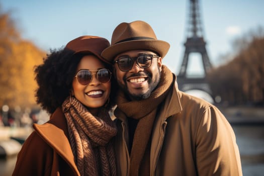African americancheerful happy couple in love visiting Paris city centre and Eiffel Tower. tourists travelling in Europe and dating outdoors. AI Generated