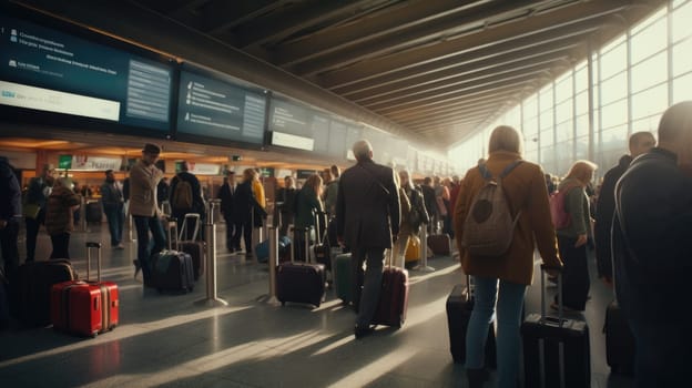 A bustling airport terminal photo realistic illustration - Generative AI. Airport, terminal, crowd, suitcase, board.