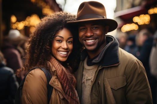 African americancheerful happy couple in love visiting Paris city centre and Eiffel Tower. tourists travelling in Europe and dating outdoors. AI Generated