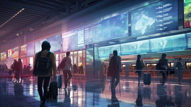 A bustling airport terminal photo realistic illustration - Generative AI. Airport, terminal, crowd, suitcase, board.