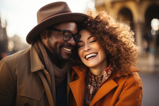 African americancheerful happy couple in love visiting Paris city centre and Eiffel Tower. tourists travelling in Europe and dating outdoors. AI Generated