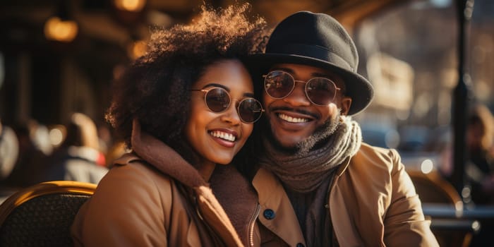 African americancheerful happy couple in love visiting Paris city centre and Eiffel Tower. tourists travelling in Europe and dating outdoors. AI Generated