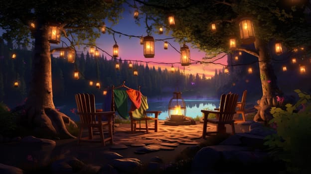 A campsite at twilight cartoon illustration - Generative AI. Lantern, chair, campfire, lake, forest.