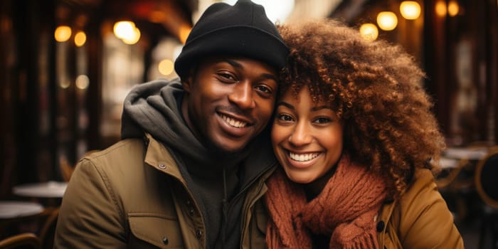 African americancheerful happy couple in love visiting Paris city centre and Eiffel Tower. tourists travelling in Europe and dating outdoors. AI Generated