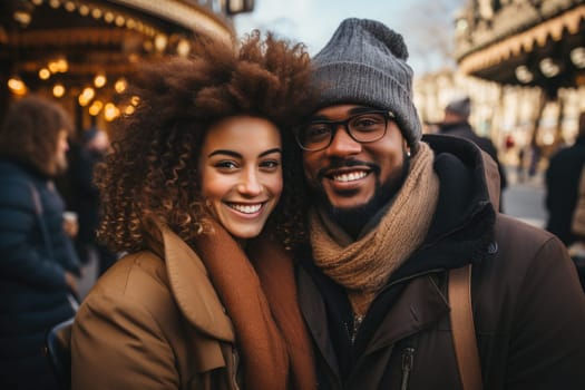 African americancheerful happy couple in love visiting Paris city centre and Eiffel Tower. tourists travelling in Europe and dating outdoors. AI Generated