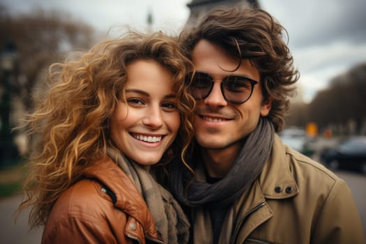 cheerful happy couple in love visiting Paris city centre and Eiffel Tower. tourists travelling in Europe and dating outdoors. AI Generated