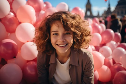 A beautiful girl with pink balloons against the backdrop of the Eiffel Tower in Paris. AI Generated