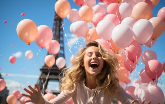 A beautiful girl with pink balloons against the backdrop of the Eiffel Tower in Paris. AI Generated