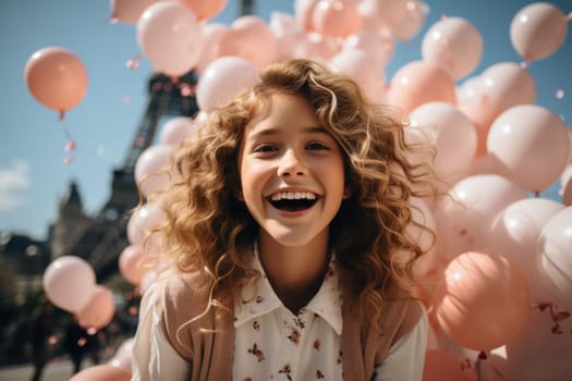 A beautiful girl with pink balloons against the backdrop of the Eiffel Tower in Paris. AI Generated