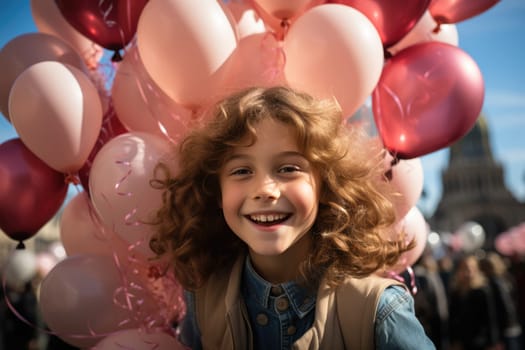 A beautiful girl with pink balloons against the backdrop of the Eiffel Tower in Paris. AI Generated