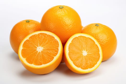 Ripe juicy oranges on a white background.