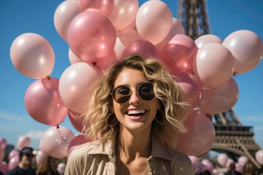 A beautiful girl with pink balloons against the backdrop of the Eiffel Tower in Paris. AI Generated