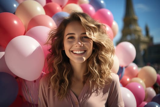 A beautiful girl with pink balloons against the backdrop of the Eiffel Tower in Paris. AI Generated