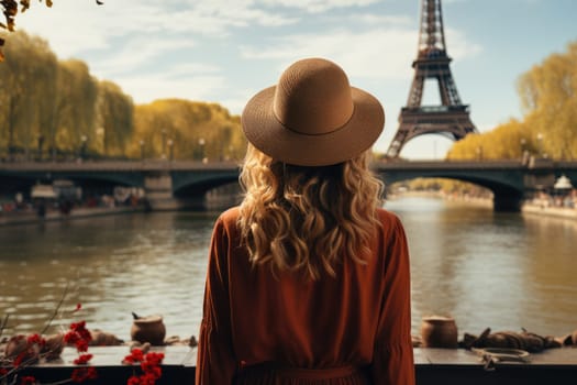 Woman walking on street in paris, rear view. AI Generated