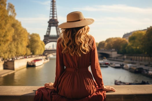 Woman walking on street in paris, rear view. AI Generated