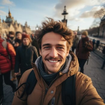 man walking on street in paris, taking selfie. AI Generated