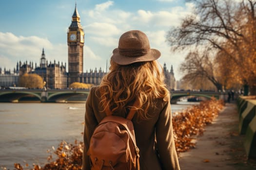 Woman walking on street in London, rear view. AI Generated