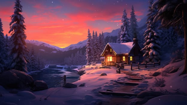 A cozy cabin in the woods photo realistic illustration - Generative AI. House, snow, pines, fire, sky.