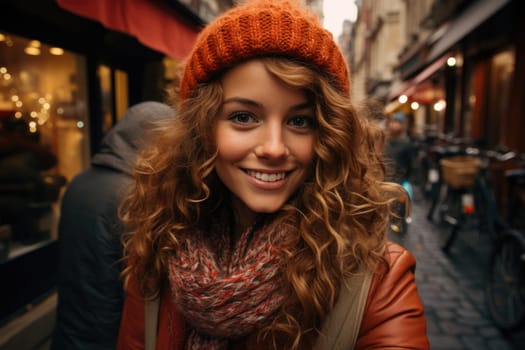 Woman walking on street in paris, taking selfie. AI Generated
