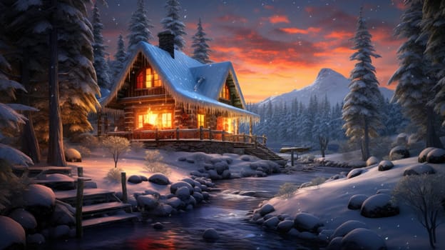 A cozy cabin in the woods photo realistic illustration - Generative AI. House, snow, pines, fire, sky.