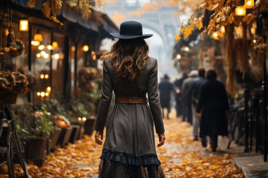 Woman walking on street in paris, rear view. AI Generated