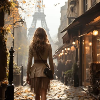 Woman walking on street in paris, rear view. AI Generated