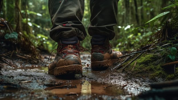 A bustling airport terminal photo realistic illustration - Generative AI. Boots, mud, green, grass.