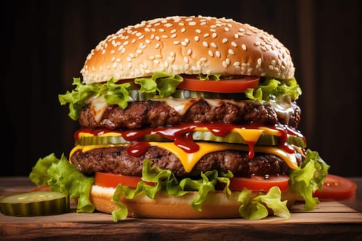 Juicy appetizing burger on a wooden tabletop close-up.