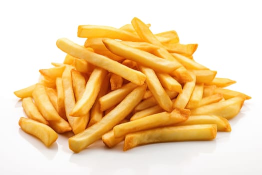French fries are stacked in a pile on a white background.