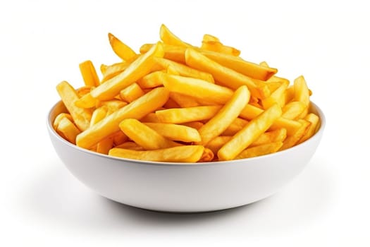 French fries on a plate on a white background.
