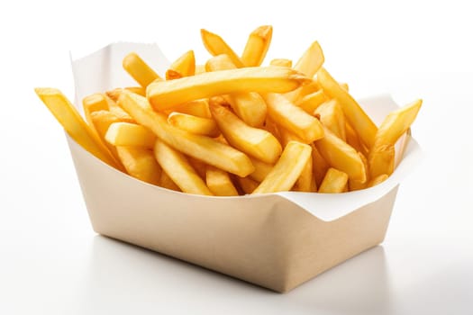 French fries in a paper box on a white background.