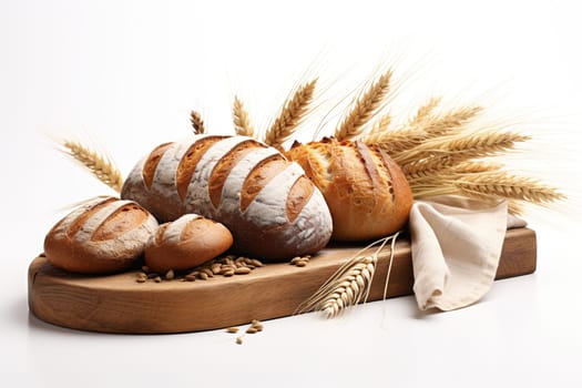Freshly baked homemade bread on a wooden board with ears of wheat.